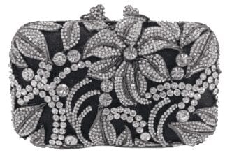 Black clutch with intricate silver rhinestone floral design.