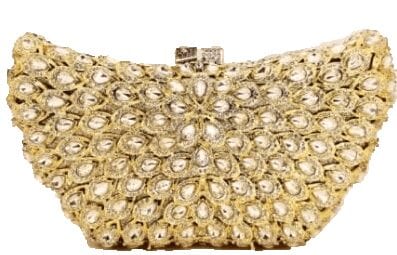 Elegant gold clutch purse adorned with intricate beadwork.