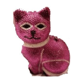 A small pink knitted cat figurine with black facial details.