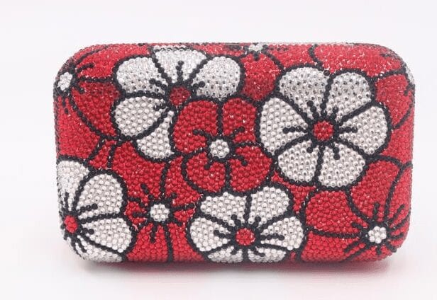 A red phone case with white and red floral patterns.
