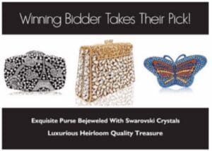 A luxurious purse encrusted with Swarovski crystals beside a decorative butterfly.