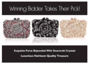 Three exquisitely bejeweled purses with Swarovski crystals displayed on a sleek surface.