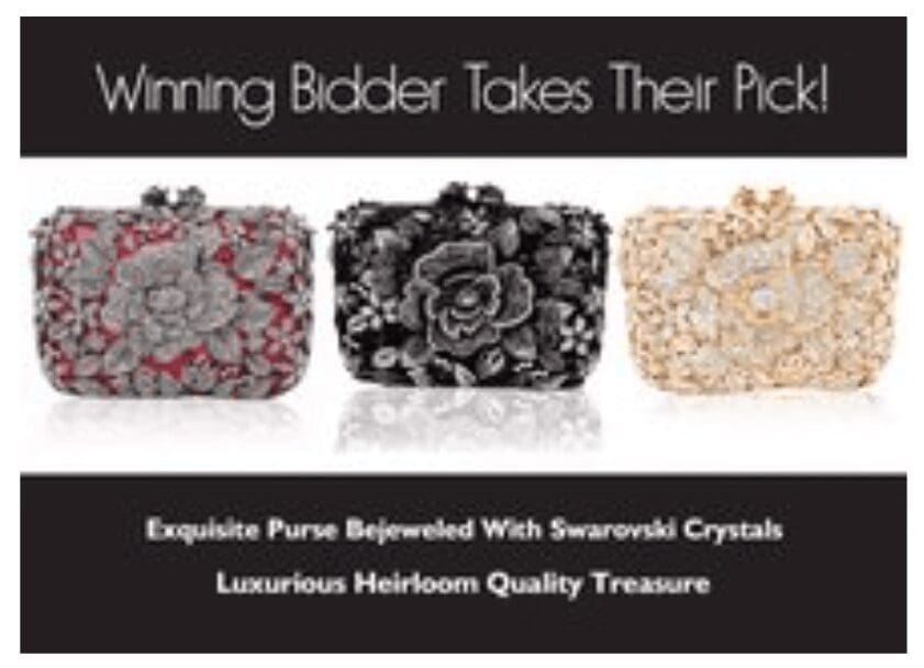 Three exquisitely bejeweled purses with Swarovski crystals displayed on a sleek surface.