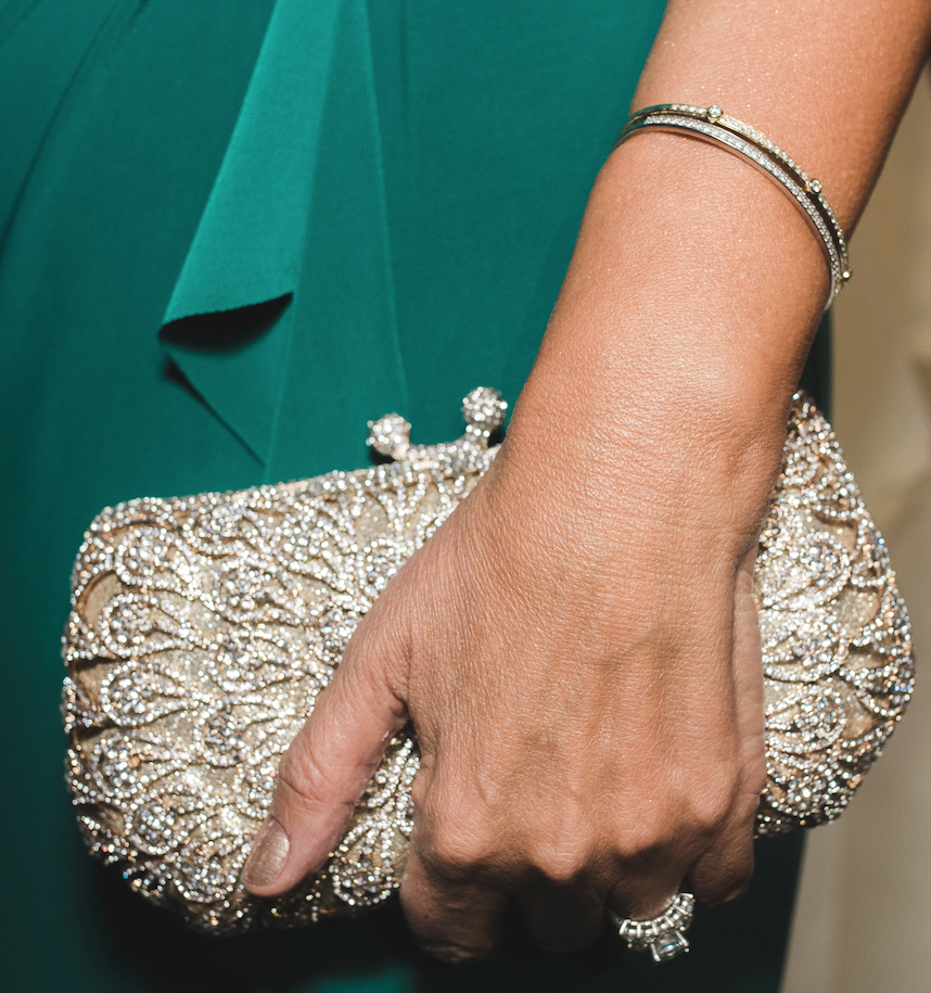 closeup of Swarovski Crystal Purse with ring and bracelet