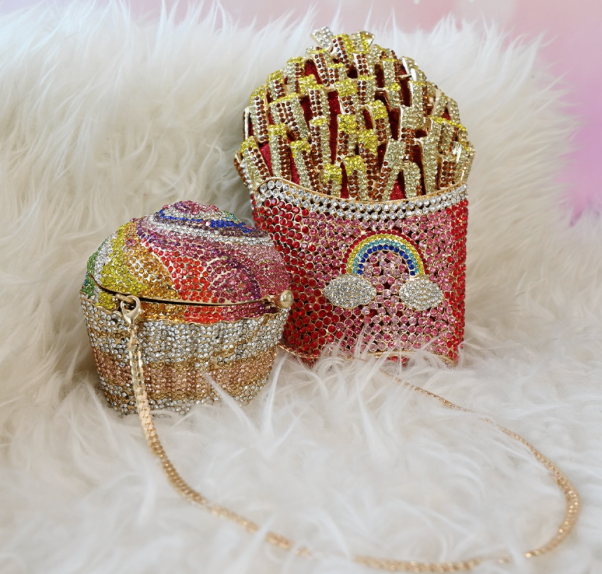 Swarovski crystal cupcake and fries bags on white fur