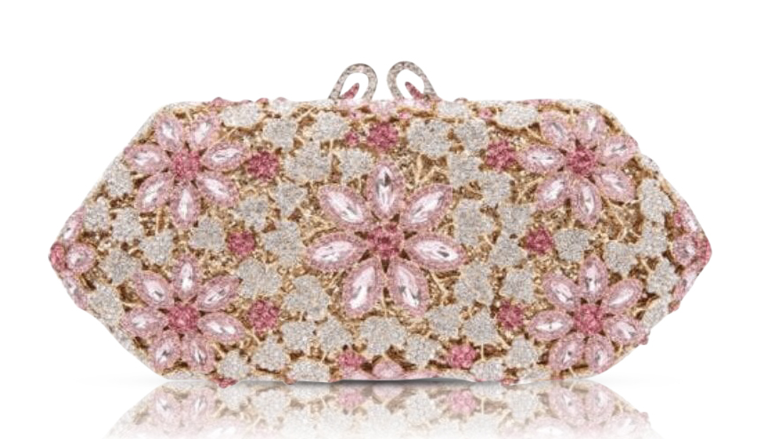 Elegant clutch adorned with pink floral gemstones and intricate gold detailing.