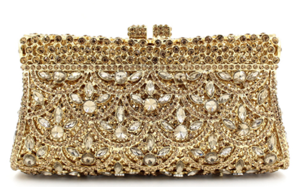 gold and white crystal purse