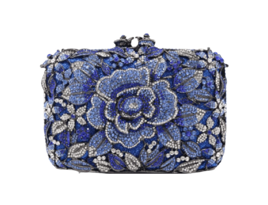 dark blue and white Swarovski crystal purse floral