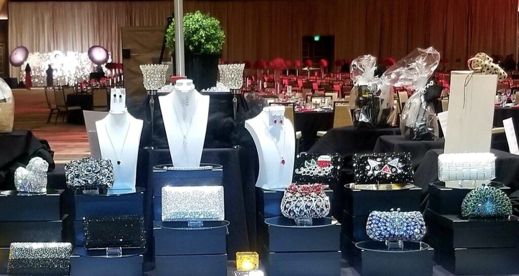 table with Swarovski crystal purses on display 3