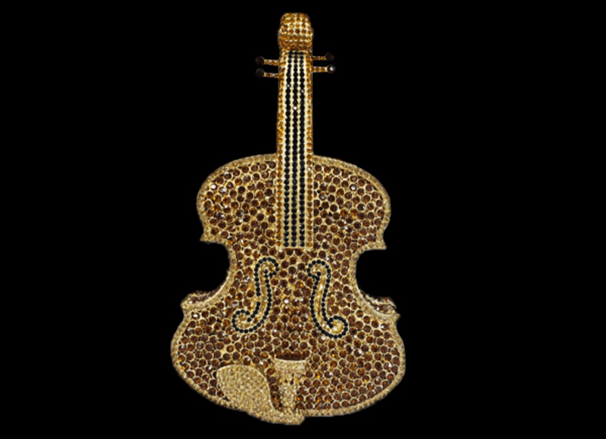 A violin with a leopard print design on a black background.