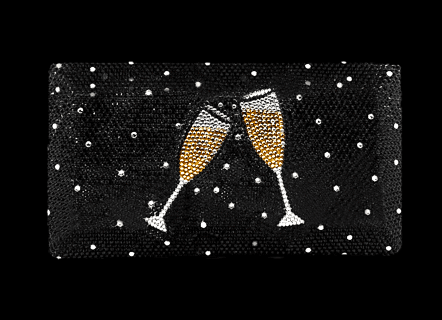 Two champagne glasses clinking with bubbles and stars around.