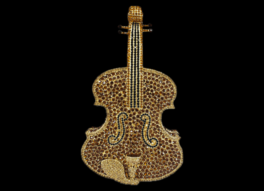 Cognac jeweled violin silhouette on black