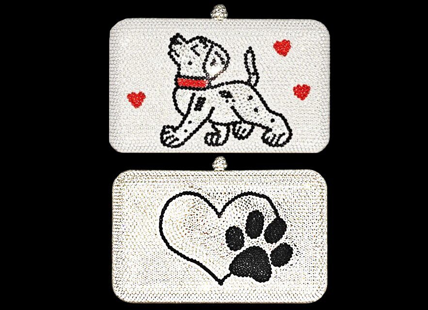 Two white rectangular designs with dog-themed artwork and red hearts.